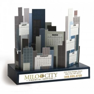 The Build A City Calendar shows your logo on both sides of the base.