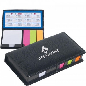 A calendar is located under the lid of this handy case of sticky notes and sticky flags.