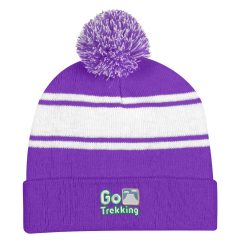 Two Tone Knit Pom Beanie with Cuff - 1097_PUR_Embroidery