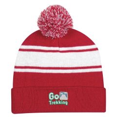 Two Tone Knit Pom Beanie with Cuff - 1097_RED_Embroidery