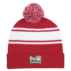 Two-Tone Knit Pom Beanie with Cuff - 1097_RED_Embroidery