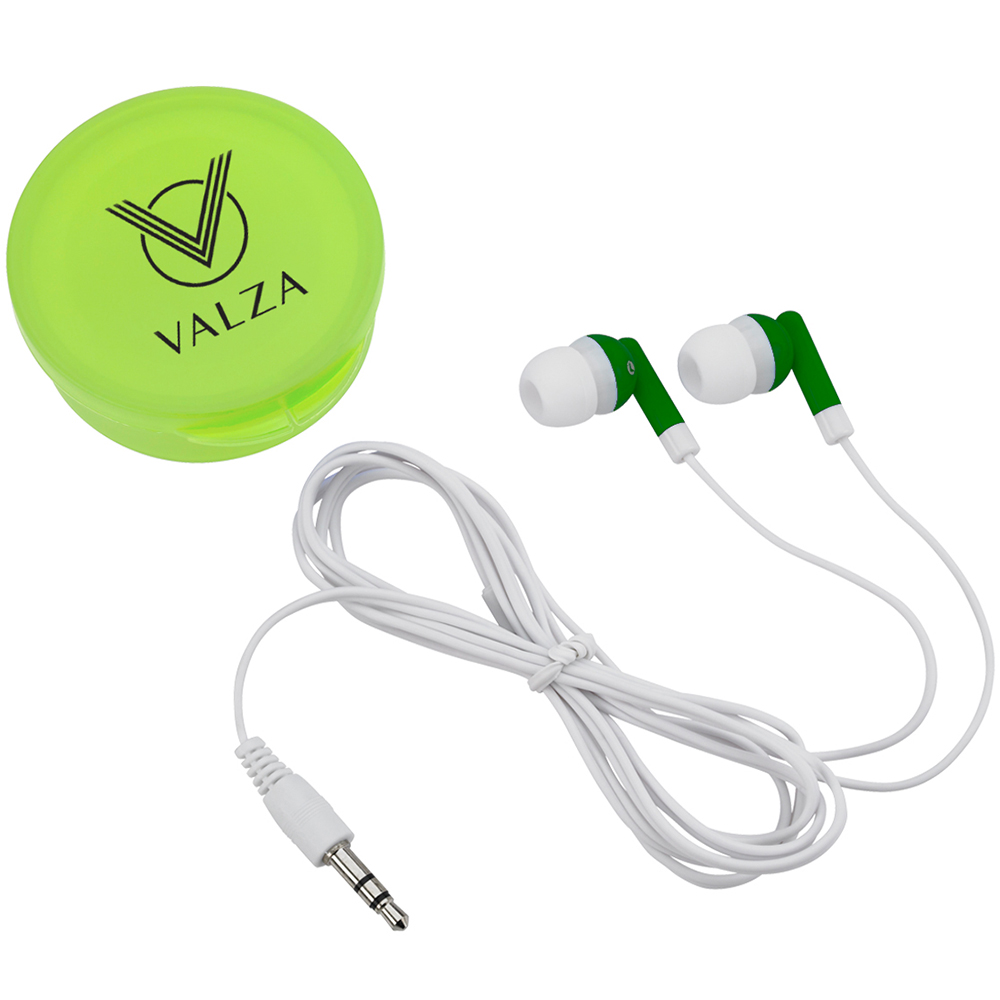 Ear Buds in Round Plastic Case - 2707_GRN_Silkscreen