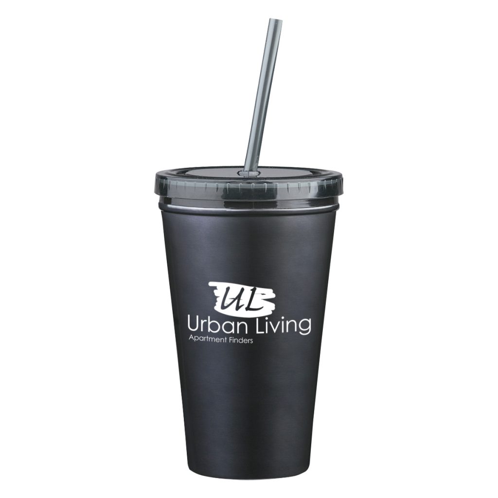 Stainless Steel Double Wall Tumbler with Straw – 16 oz - 5845_METBLK_Silkscreen