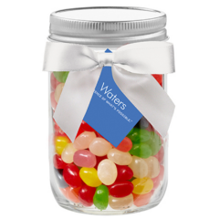 Glass Mason Jar with Satin Bow and Candy Fill – 12 oz - Glass Mason Jar with Satin Bow and SnacksAssortedJellyBeans