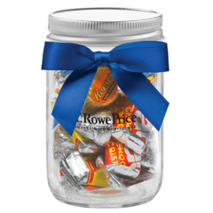 Glass Mason Jar with Satin Bow and Candy Fill – 12 oz - Glass Mason Jar with Satin Bow and SnacksHersheysEverydaymix