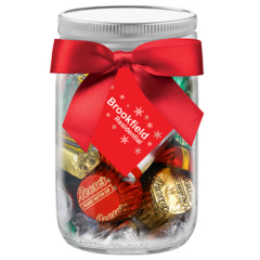 Glass Mason Jar with Satin Bow and Candy Fill – 12 oz - Glass Mason Jar with Satin Bow and SnacksHersheysHolidaymix