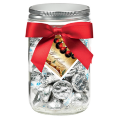 Glass Mason Jar with Satin Bow and Candy Fill – 12 oz - Glass Mason Jar with Satin Bow and SnacksHersheyskisses