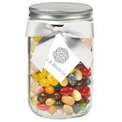 Glass Mason Jar with Satin Bow and Candy Fill – 12 oz - Glass Mason Jar with Satin Bow and SnacksJellyBellyJellyBeans