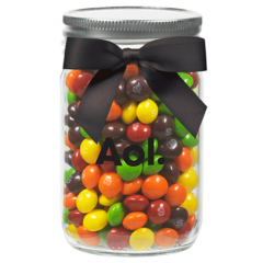 Glass Mason Jar with Satin Bow and Candy Fill – 12 oz - Glass Mason Jar with Satin Bow and SnacksSkittles