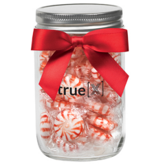 Glass Mason Jar with Satin Bow and Candy Fill – 12 oz - Glass Mason Jar with Satin Bow and SnacksStarlightMints