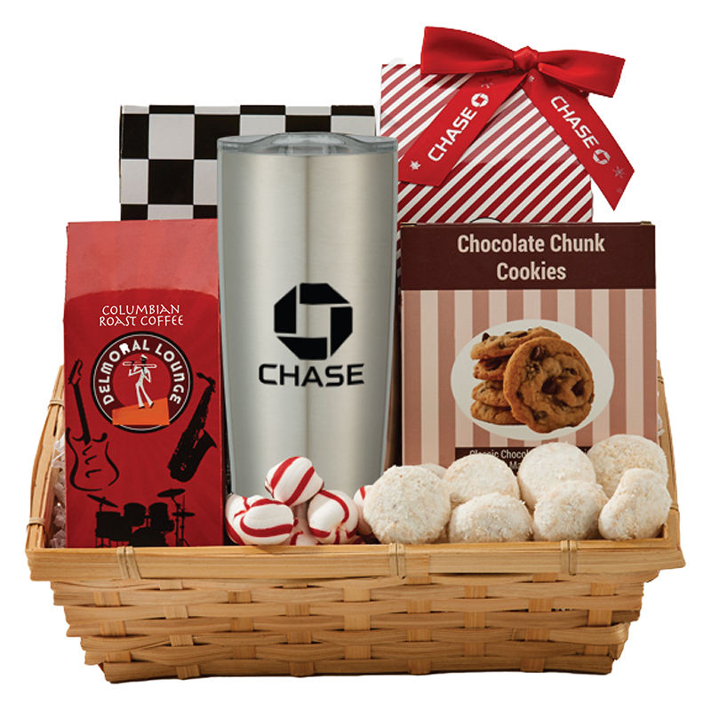 Coffee and Cookie Basket with 20 oz Himalayan Tumbler - Red Ribbon