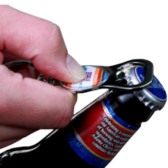 Keychain Bottle Opener with Full Color Dome - bottleopenerinuse