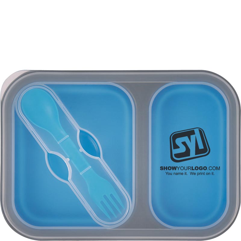 Collapsible 2-Section Food Container With Dual Utensil - Blue Straight