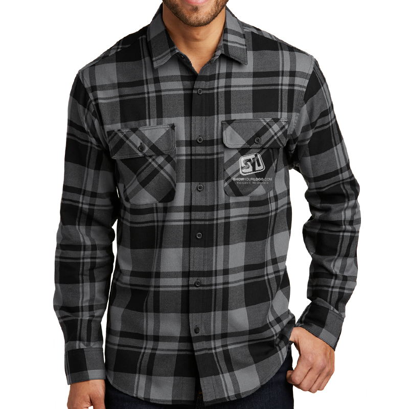 Port Authority® Plaid Flannel Shirt - 8472-GreyBlack-1-W668GreyBlackModelFront-1200W