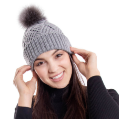 Cable Knit Beanie With Faux Fur Pom - beaniefauxfurinuse