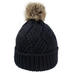 Cable Knit Beanie With Faux Fur Pom - beaniefurpomblack