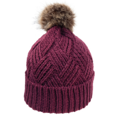 Cable Knit Beanie With Faux Fur Pom - beaniefurpomburgundy