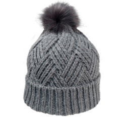 Cable Knit Beanie With Faux Fur Pom - beaniefurpomgrey