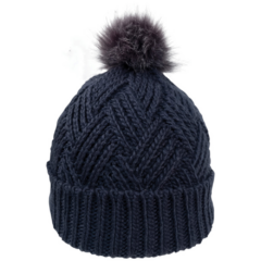 Cable Knit Beanie With Faux Fur Pom - beaniefurpomnavy