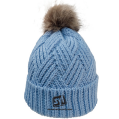 Cable Knit Beanie With Faux Fur Pom - cableknitbeanielightblue