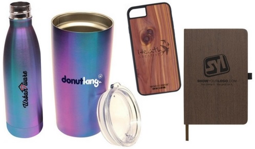 metallic tumbler and woodgrain notebook