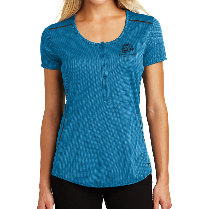 OGIO® Ladies Orbit Henley - 8710-BoltBlBlktop-1-LOG134BoltBlBlktopModelFront-1200W