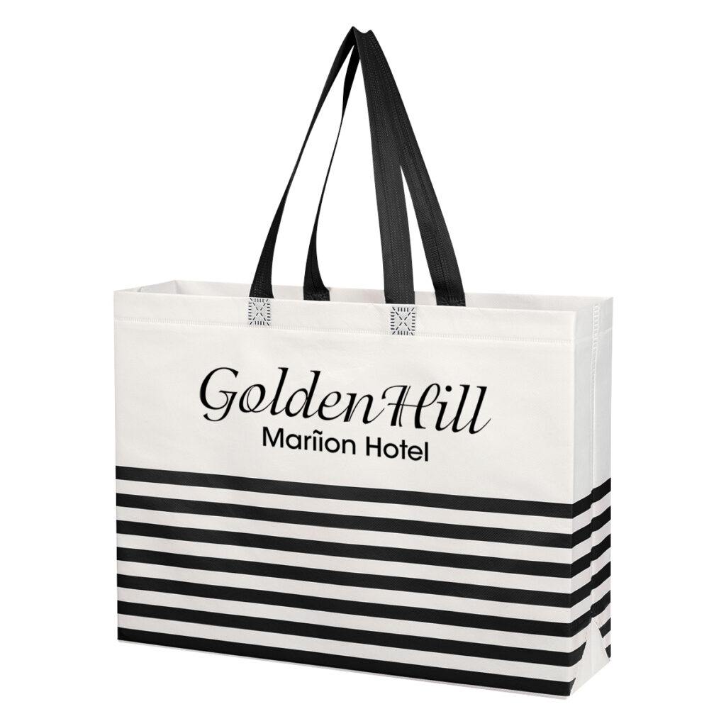 Non-Woven Horizontal Stripe Tote Bag - 3395_WHTBLK_Silkscreen