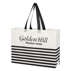 Non-Woven Horizontal Stripe Tote Bag - 3395_WHTBLK_Silkscreen