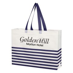 Non-Woven Horizontal Stripe Tote Bag - 3395_WHTNAV_Silkscreen