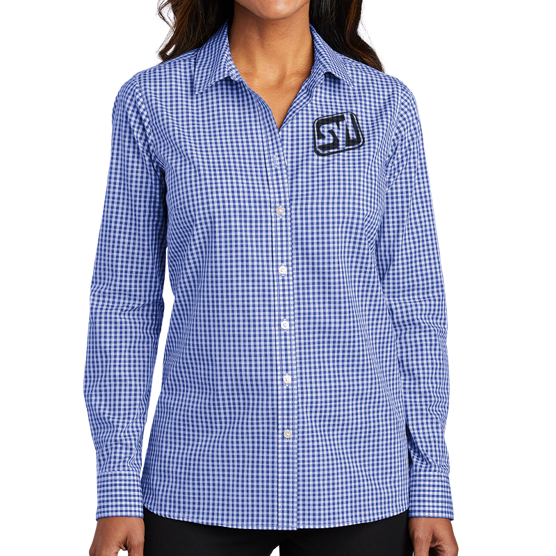 Port Authority ® Ladies Broadcloth Gingham Easy Care Shirt - 9740-TrueRoyalWht-1-LW644TrueRoyalWhtModelFront-1200W