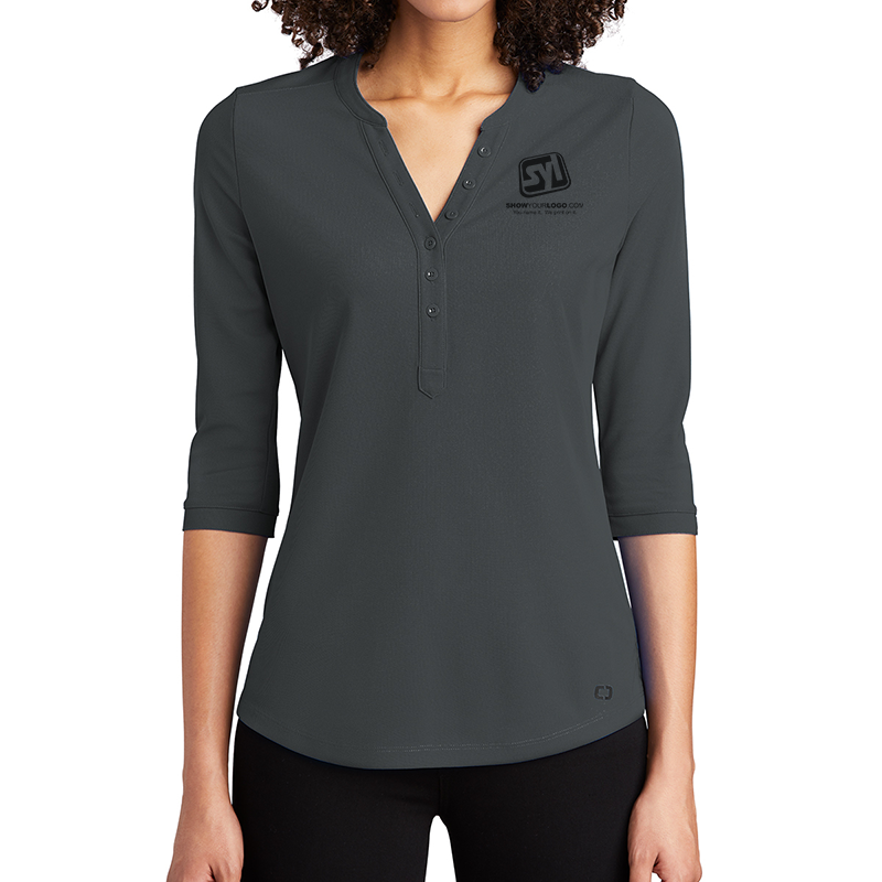 OGIO ® Ladies Jewel Henley - 9835-DieselGrey-1-LOG104DieselGreyModelFront-1200W
