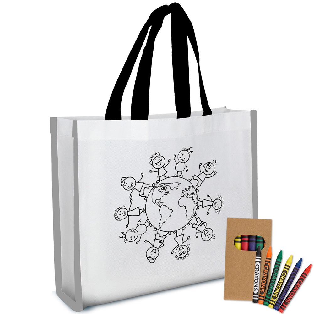 Reflective Non-Woven Coloring Tote Bag with Crayons - 3685_WHTBLK_Silkscreen
