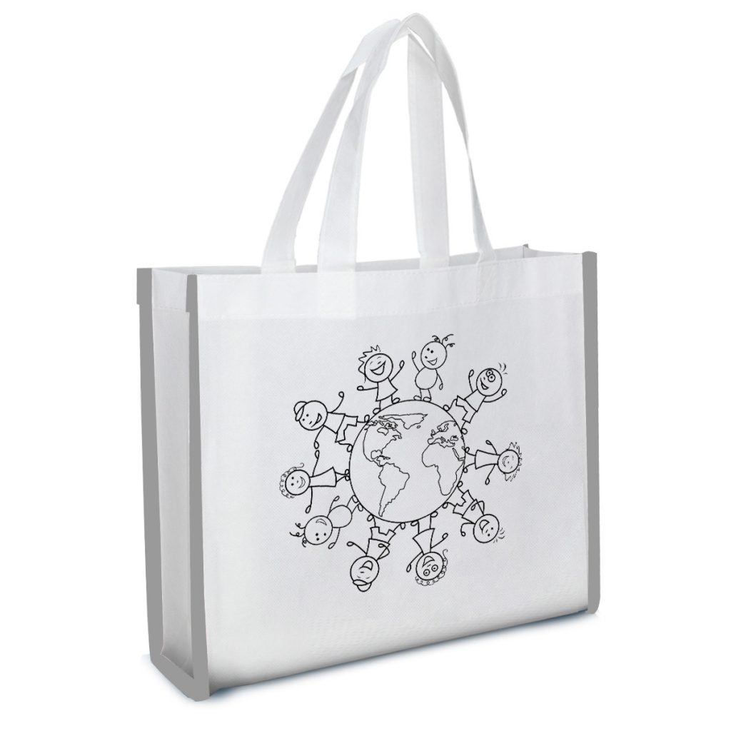 Reflective Non-Woven Coloring Tote Bag with Crayons - 3685_WHT_Silkscreen