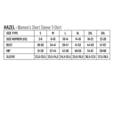 Hazel Import Women’s Dye-Sublimated Short Sleeve T-Shirt - hazelsizechart