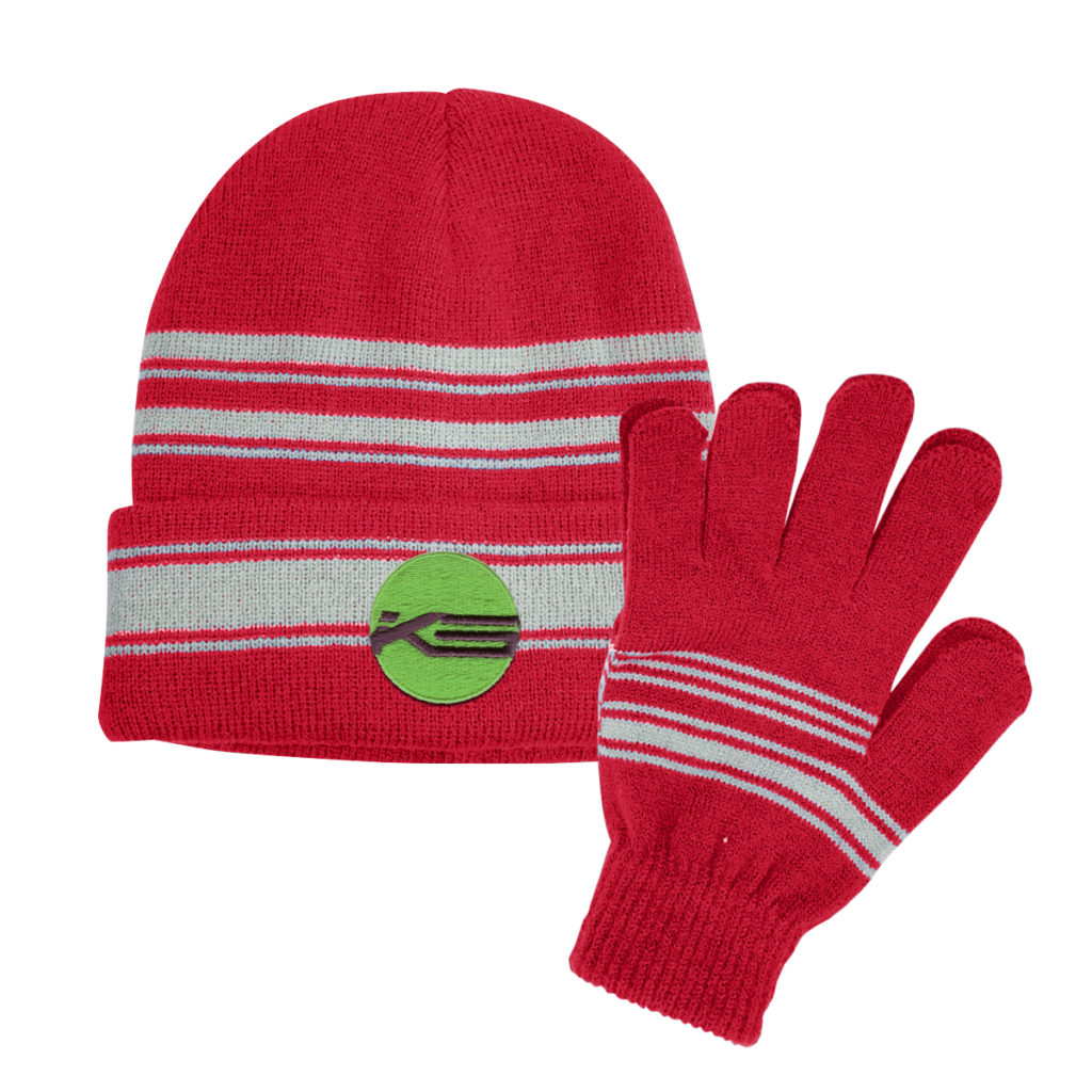 Cuff Beanie and Gloves Set - 1143_RED_Embroidery