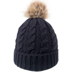 Cable Knit Beanie with Faux Fur Pom - cableknitbeaniewfauxfurpomblack
