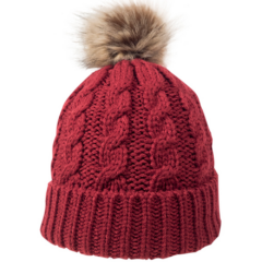 Cable Knit Beanie with Faux Fur Pom - cableknitbeaniewfauxfurpomburgundy