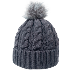Cable Knit Beanie with Faux Fur Pom - cableknitbeaniewfauxfurpomcharcoal