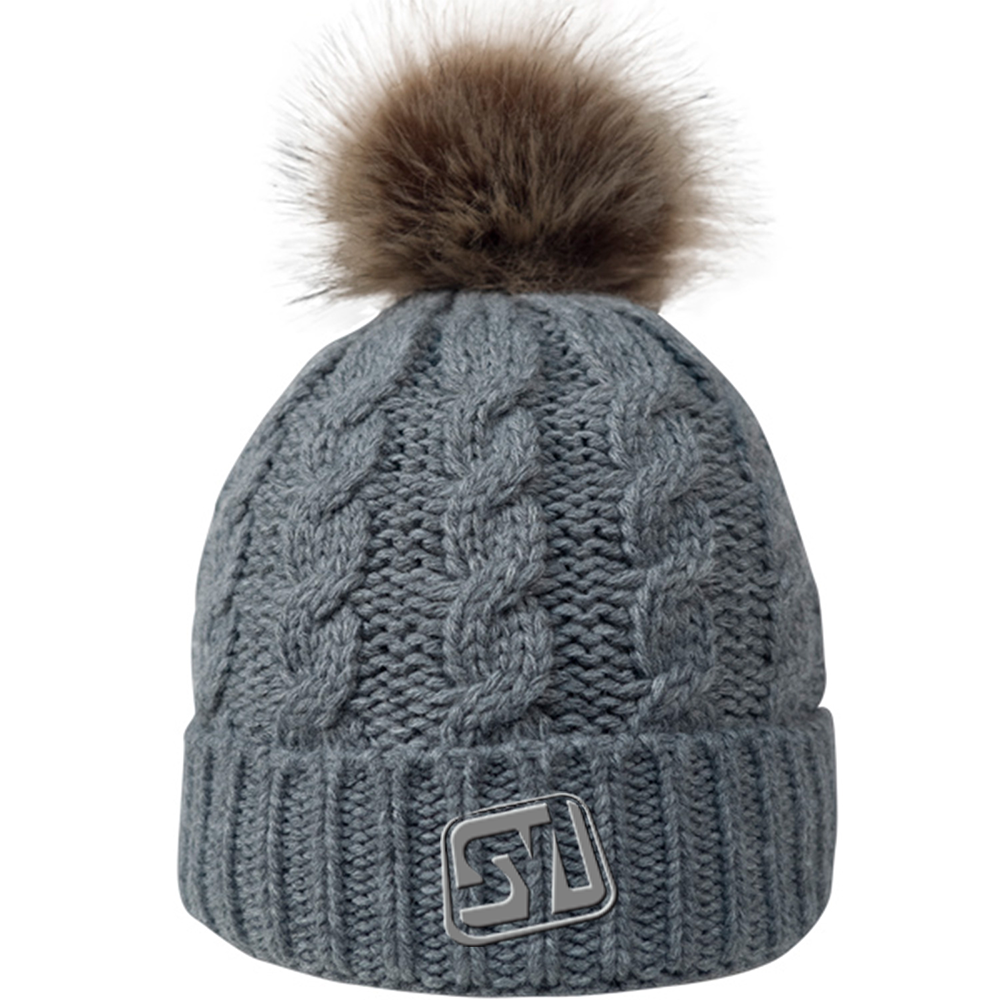 Cable Knit Beanie with Faux Fur Pom - cableknitbeaniewfauxfurpomheathergrey