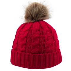 Cable Knit Beanie with Faux Fur Pom - cableknitbeaniewfauxfurpomred