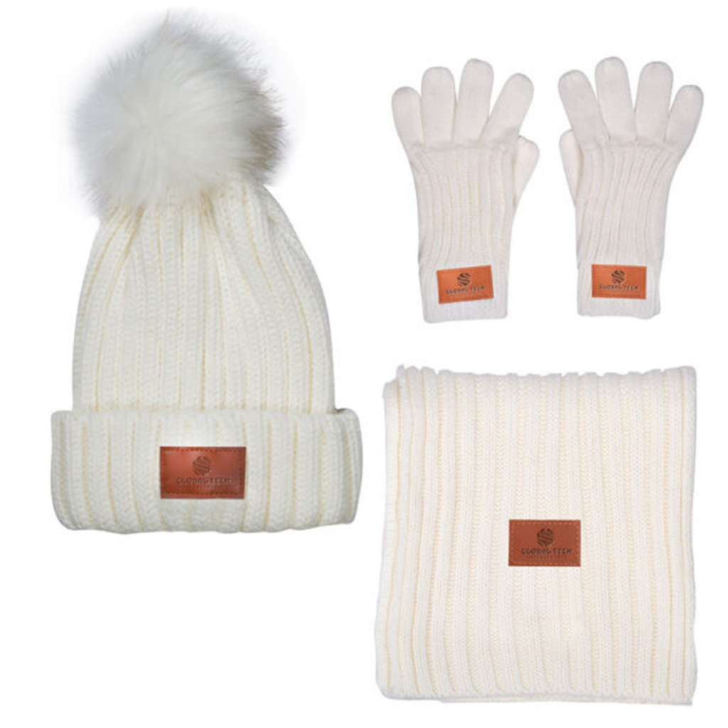 Leeman™ 3-Piece Rib Knit Fure Pom Winter Set - Leeman 3-Piece Rib Knit Fur Pom Winter Set 8211 Cream