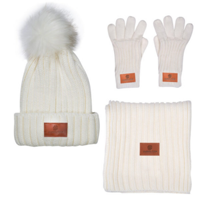 Leeman 3-Piece Rib Knit Fur Pom Winter Set 8211 Cream