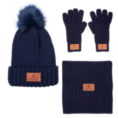 Leeman™ 3-Piece Rib Knit Fure Pom Winter Set - Leeman 3-Piece Rib Knit Fur Pom Winter Set 8211 Navy Blue