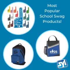 A variety of images showing the most popular school swag products Features a foam finger backpack and lunchbox