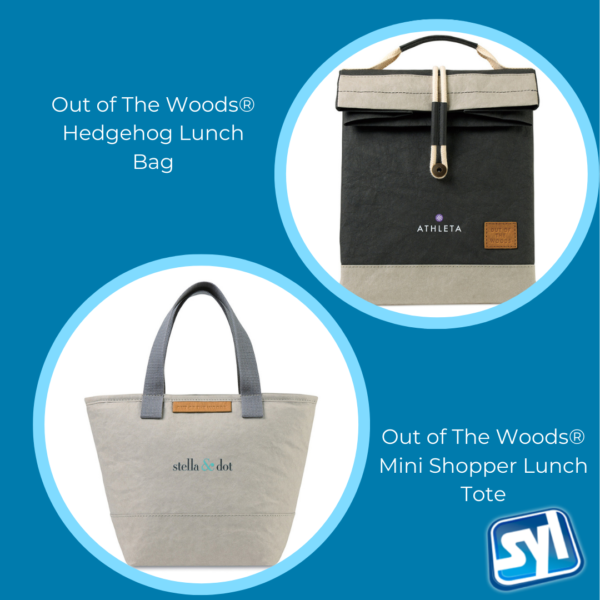 graphic Showcasing Two Custom Cooler Options from Show Your Logo: Out of The Woods® Mini Shopper Lunch Tote & Out of The Woods® Hedgehog Lunch Bag