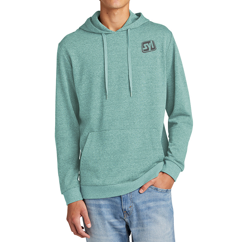 District® Perfect Tri® Fleece Pullover Hoodie - DT1300_heatheredeucalyptusblue_model_front