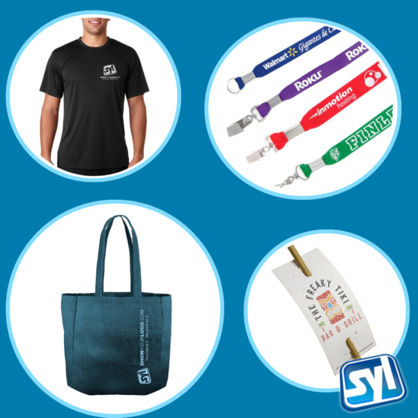 Examples Of How Show Your Logo Prints Student Swags On All Different Types Of Apparel And Merchandise. Like Lanyards, Tote bags, Custom t-shirts, And Straws