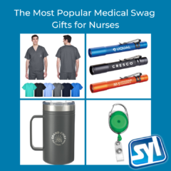 Show Your Logo showcases the 10 most popular medical swag gifts for nurses Features a man in scrubs a penlight with branded logo a thermal coffee mug and a badge holder