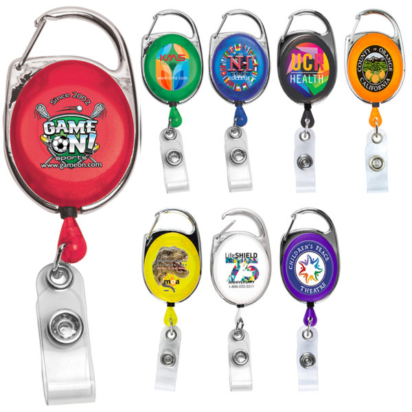Several Custom Retractable Badge Reels in a variety of colors that feature custom logo