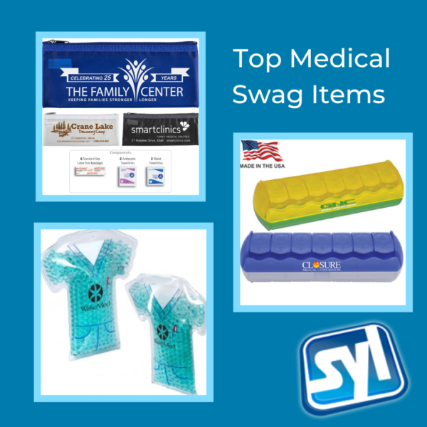 Top Medical Swag Items Including Medical Pouch, Nurse Shaped Cold Packs, Pill Dispenser